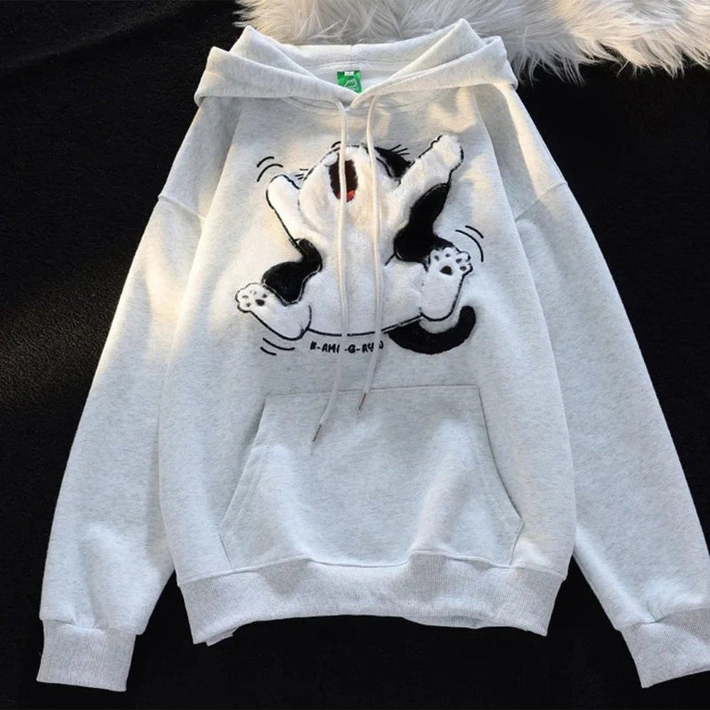 Fall Cartoon Cat Fleece Hoodie Gray Shoptery