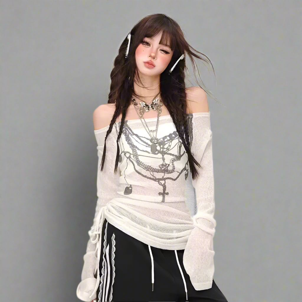 Chains of Midnight Edgy Off-Shoulder Top Beige Shoptery