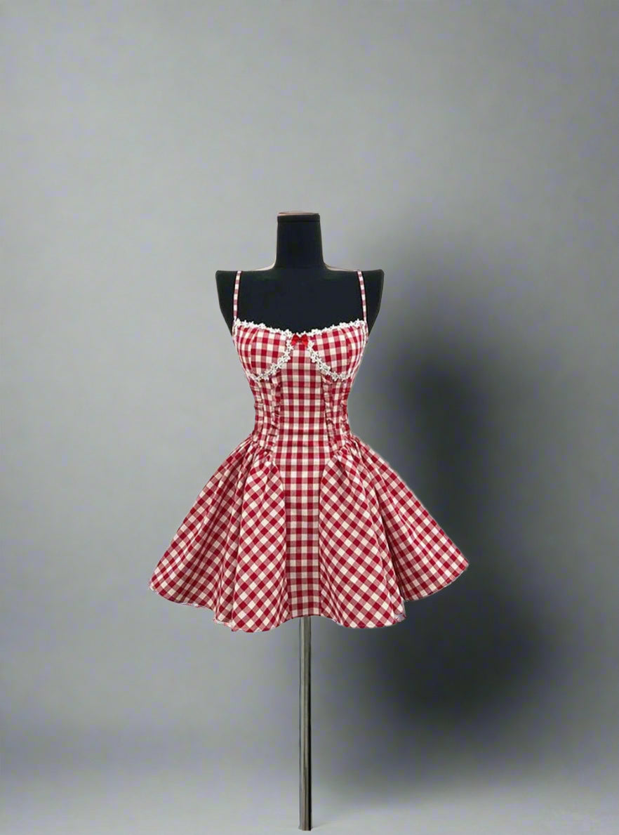 Sweetheart Neck Corset Gingham Print Short Dress