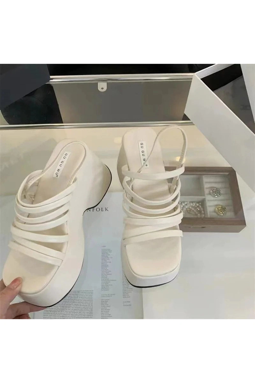 Aesthetic Alt Chunky Heels Sandals Creamy-white Shoptery