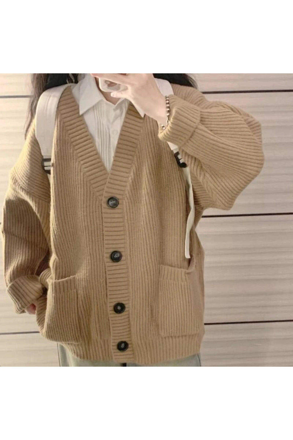 Retro Classic Camel Ribbed Cardigan camel Shoptery