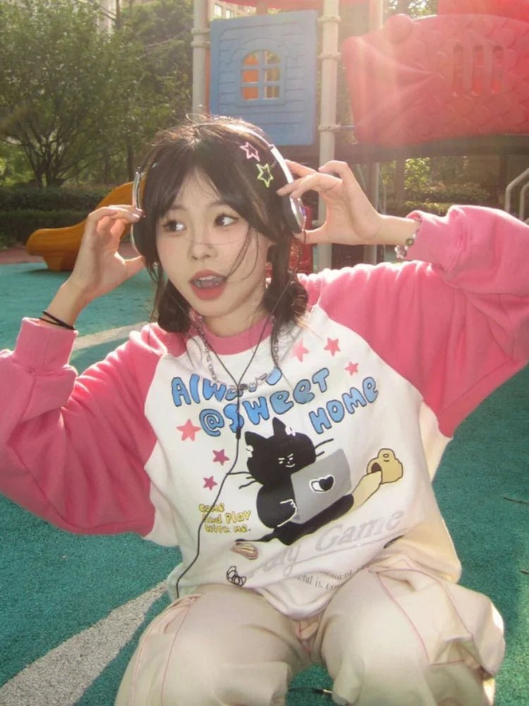 Kawaii Cozy Gamer Cat Raglan Sweatshirt Shoptery