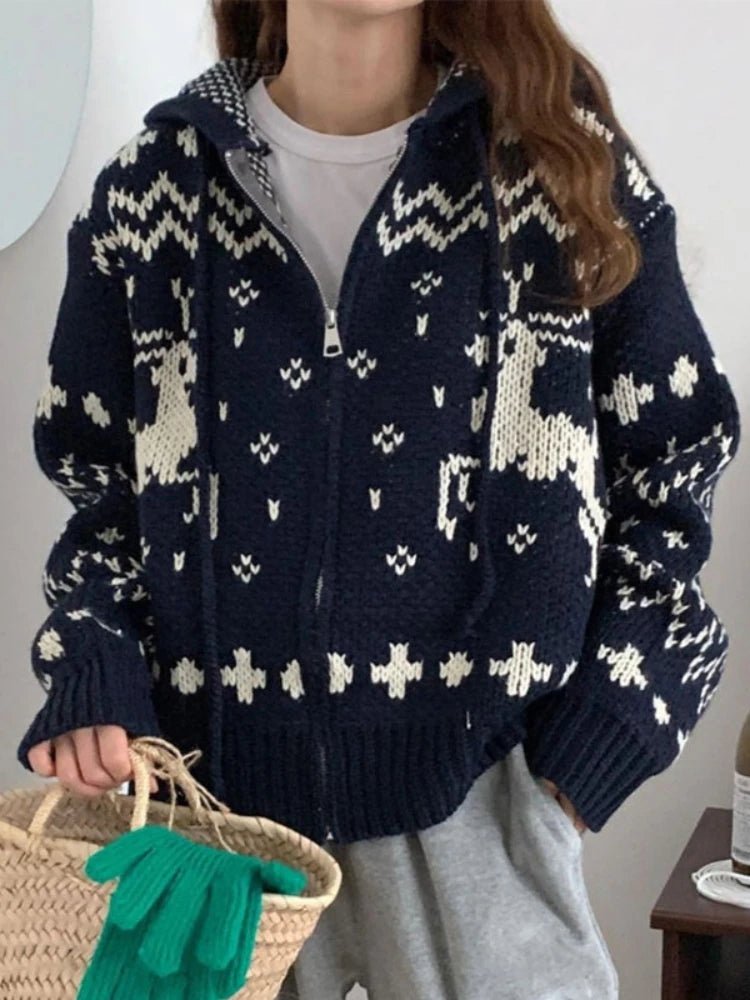 Retro Cozy Nordic Zip Cardigan Navy Blue One Size Shoptery