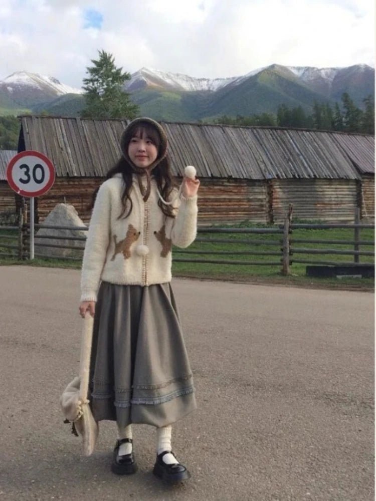 Kawaii Cozy Puppy Pom-Pom Cardigan Shoptery