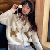 Kawaii Cozy Puppy Pom-Pom Cardigan WHITE Shoptery
