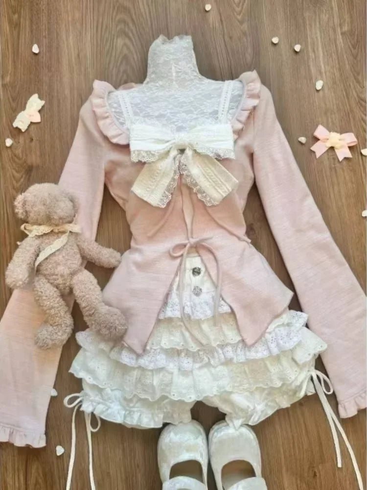 Acubi Dark Doll Bow-Knit Outfit Set 12346 Pink Shoptery