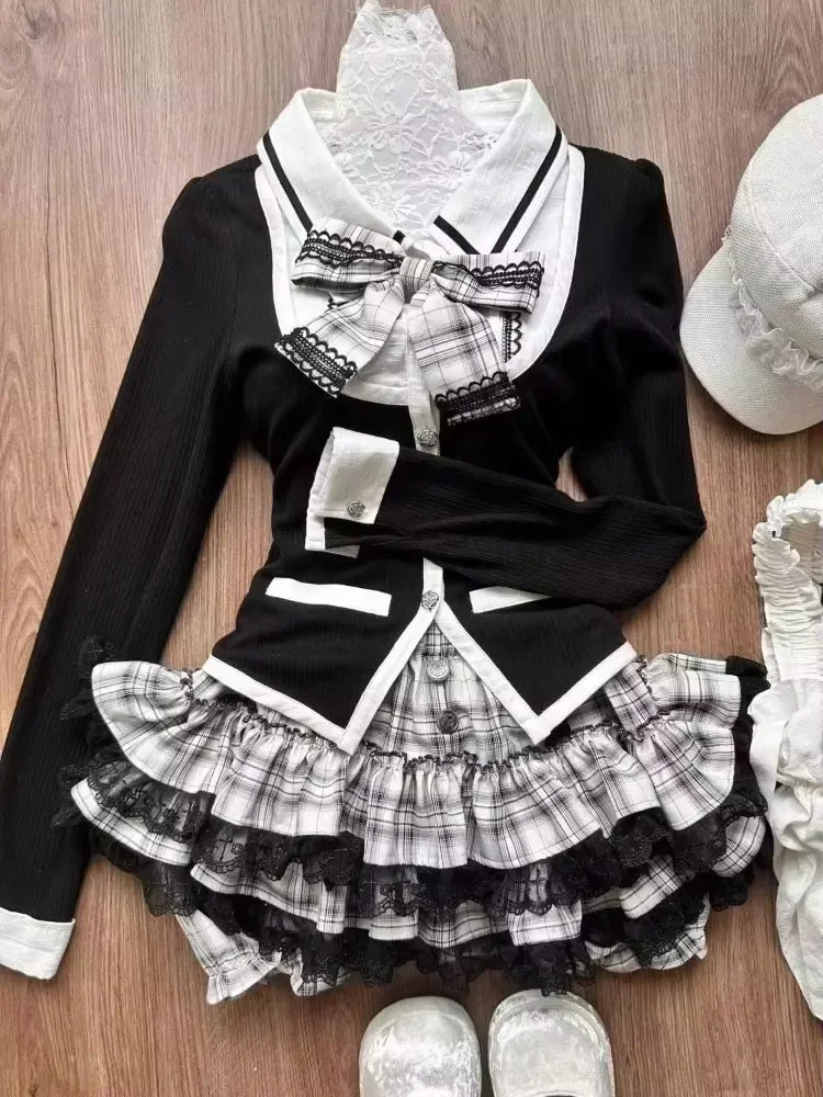 Acubi Dark Doll Bow-Knit Outfit Set 12346 Black Shoptery