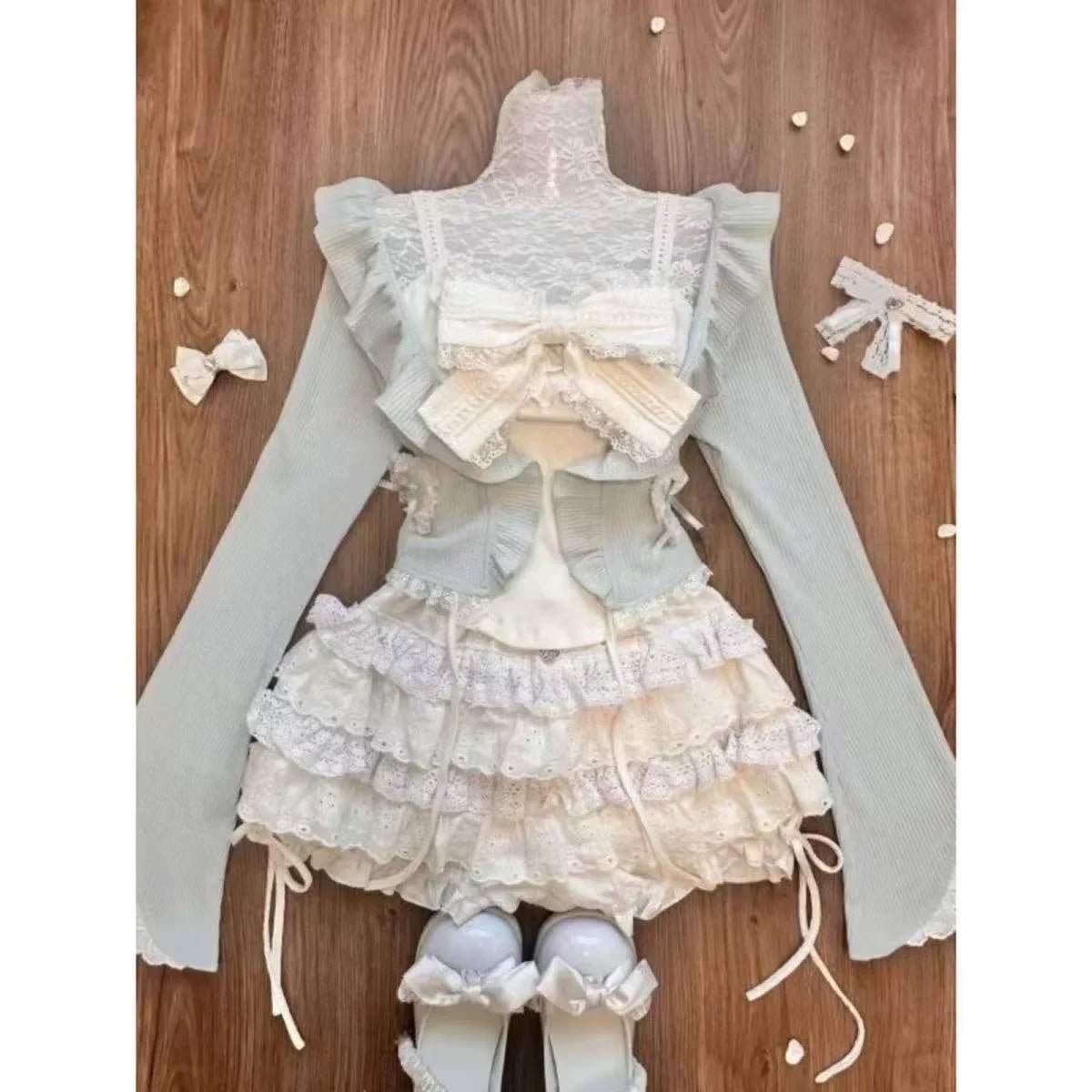 Acubi Dark Doll Bow-Knit Outfit Set 12346 Blue Shoptery