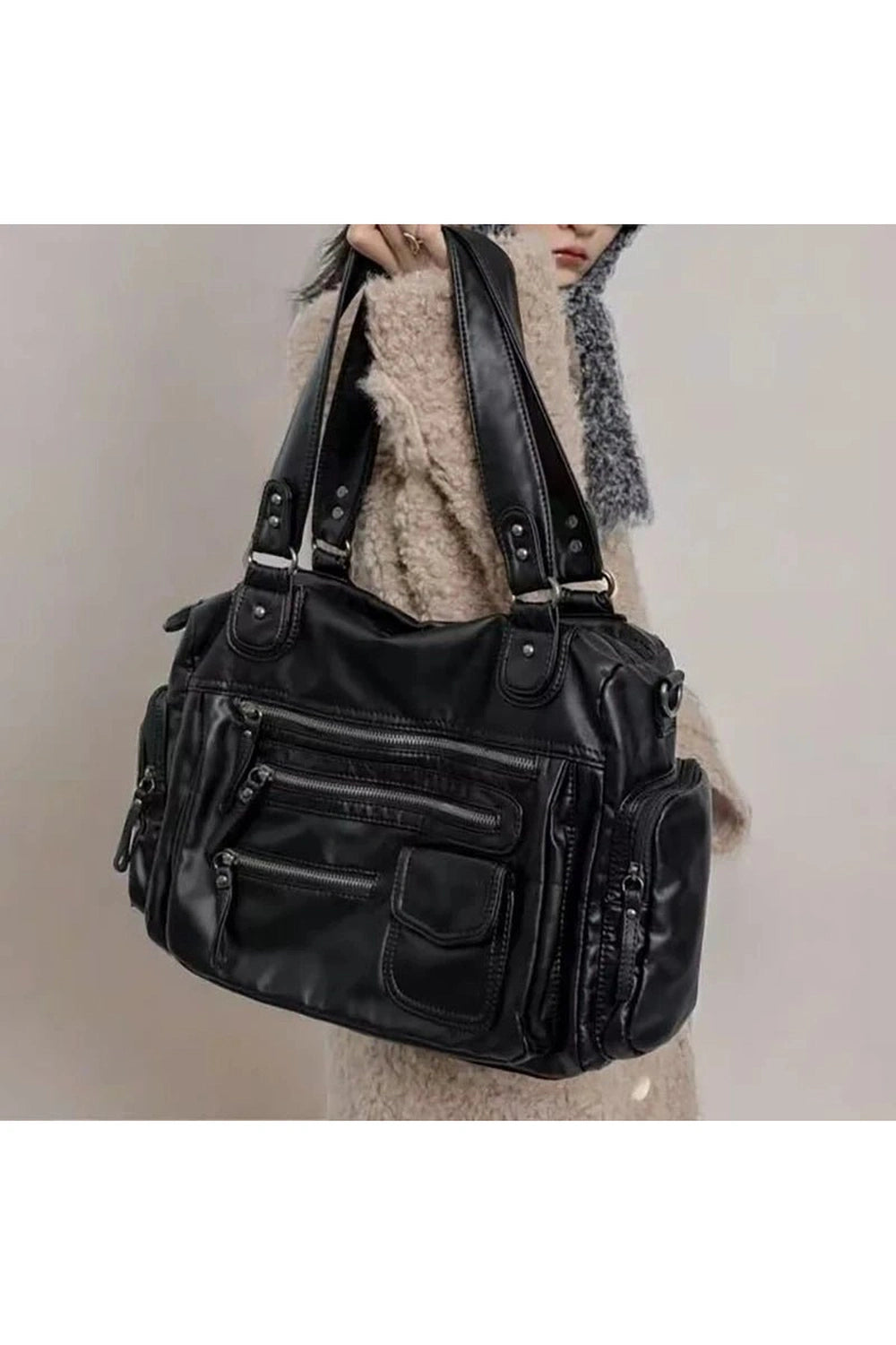 Y2k Edgy Multi-Pocket Handbag Black 35x25x12cm Shoptery
