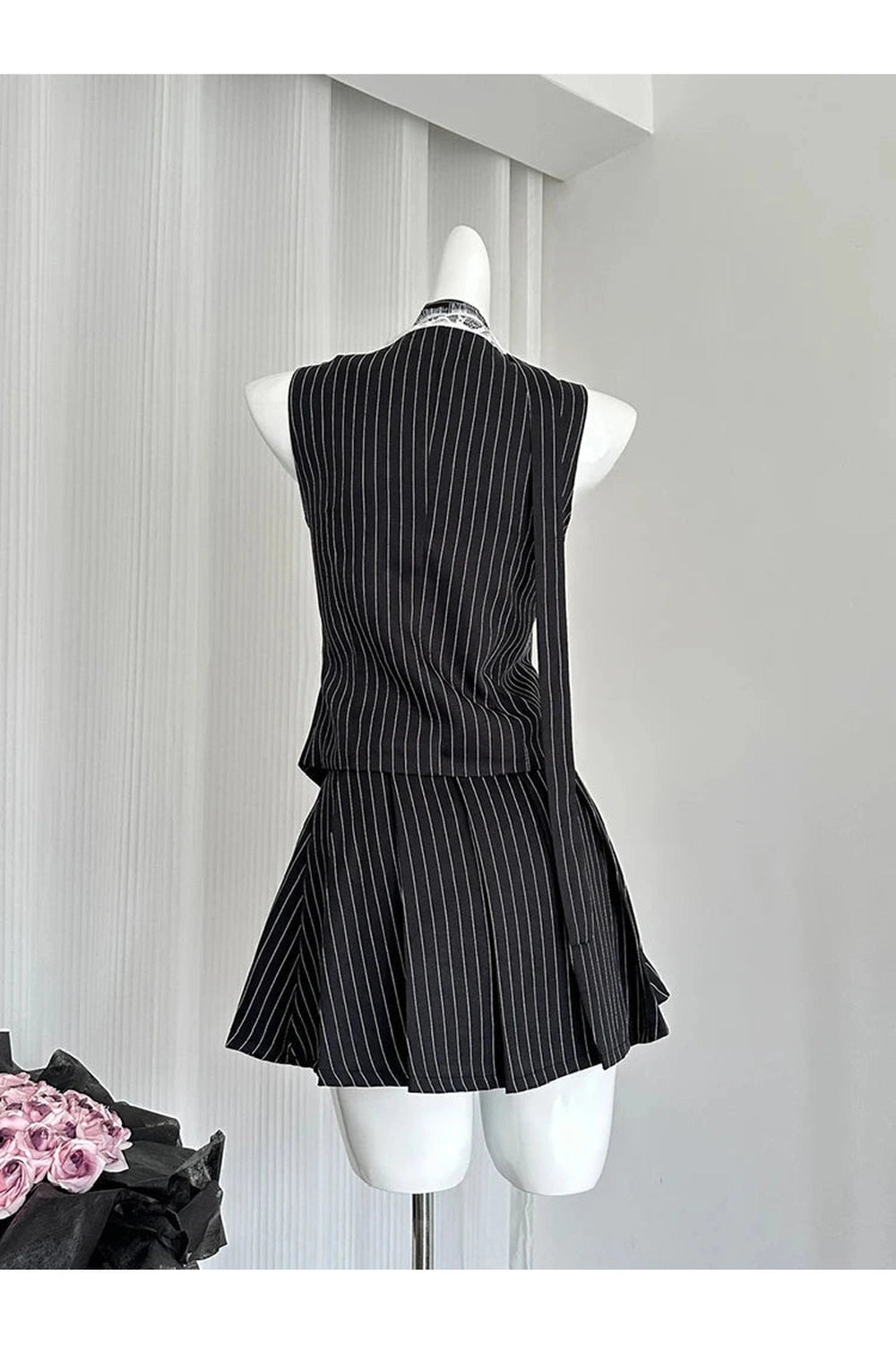 Aesthetic Elegant Pinstripe Lace-Up Skirt Outfit Set Shoptery