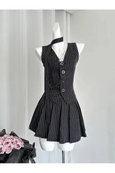 Aesthetic Elegant Pinstripe Lace-Up Skirt Outfit Set Black Shoptery