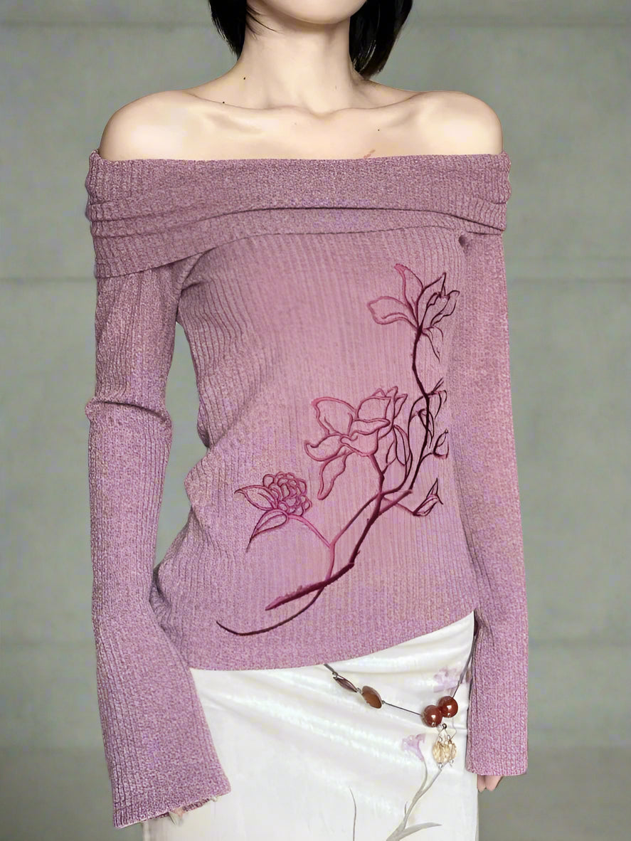 Coquette Embroidered Off-Shoulder Knit Top PURPLE Shoptery