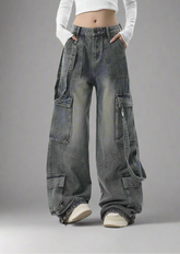 Y2k Extreme Wide-Leg Cargo Jeans Gray Shoptery