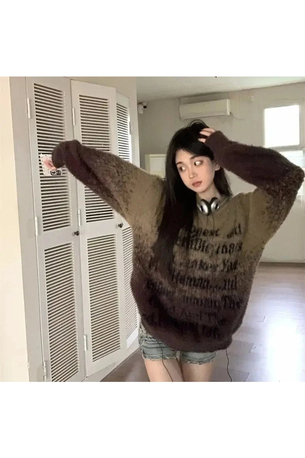 Edgy Faded Verse Fuzzy Sweater Brown Shoptery