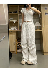 Y2k Floral Serenity Wide-Leg Pants Beige Shoptery