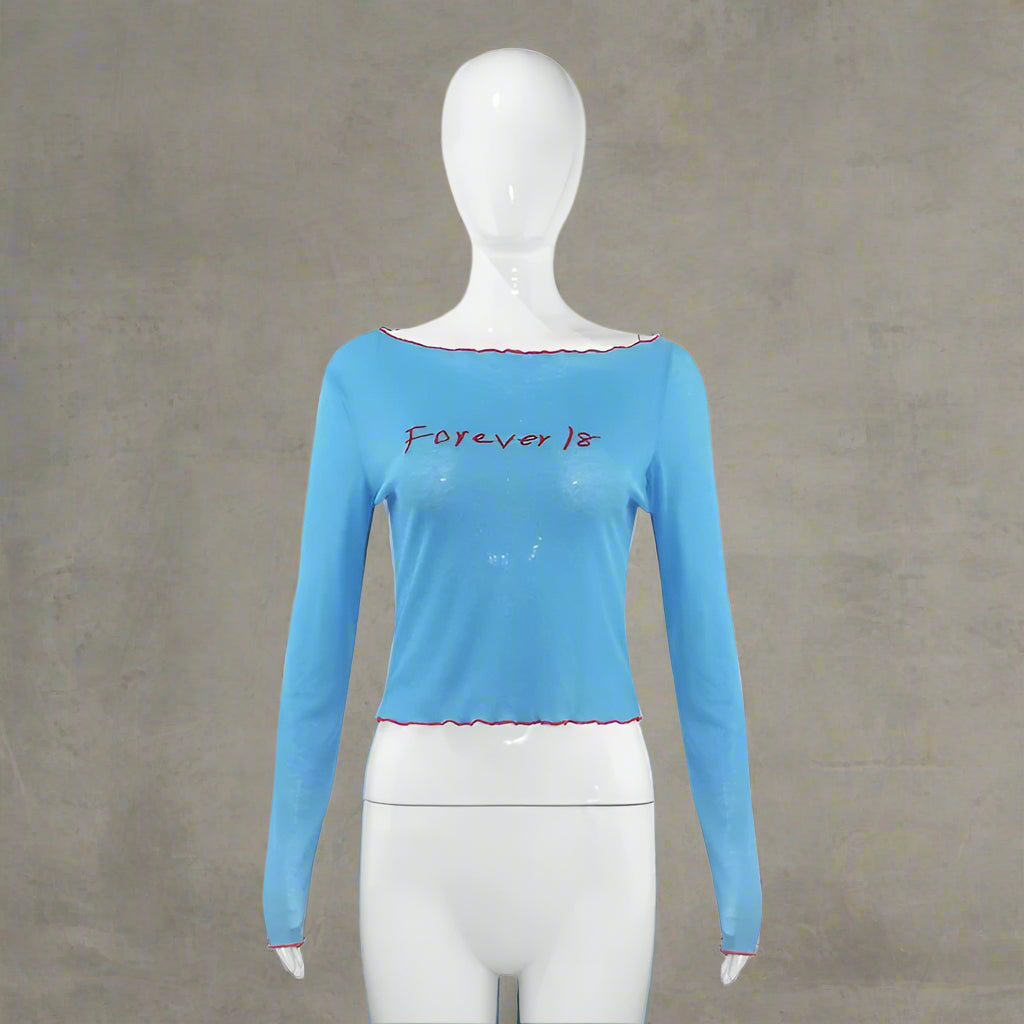 Forever Love Sheer Aesthetic Off-Shoulder Long Sleeve Top Blue Shoptery