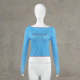Forever Love Sheer Aesthetic Off-Shoulder Long Sleeve Top Blue Shoptery