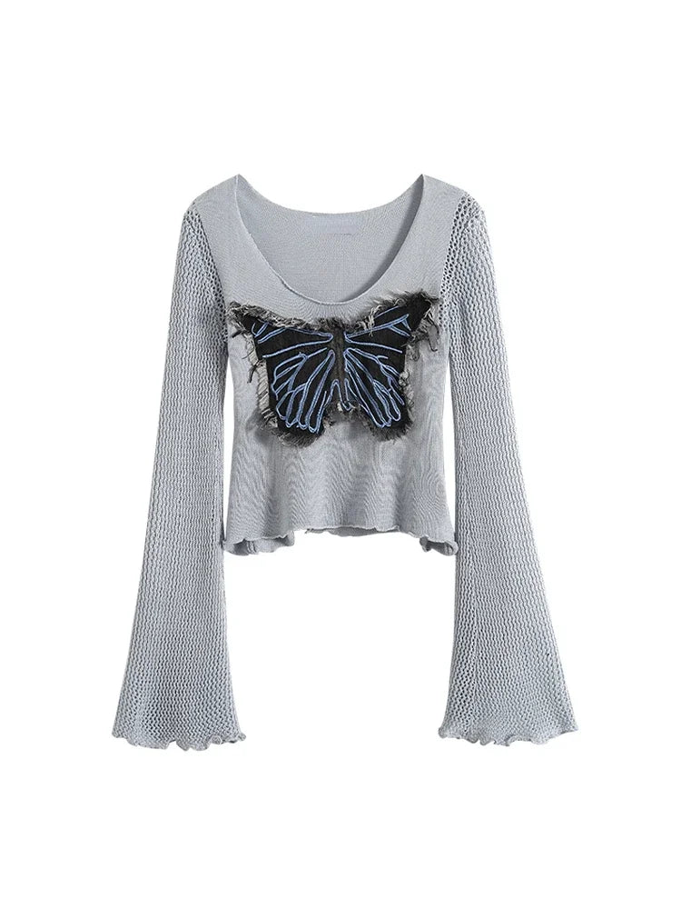 Edgy Frayed Butterfly Bell Sleeve Top Light Blue Shoptery