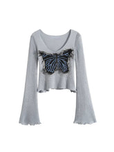 Edgy Frayed Butterfly Bell Sleeve Top Light Blue Shoptery