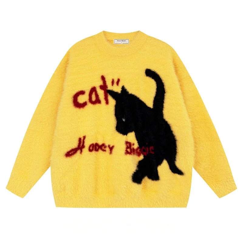 Aesthetic Fuzzy Black Cat Knit Sweater Yellow Shoptery