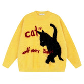 Aesthetic Fuzzy Black Cat Knit Sweater Yellow Shoptery