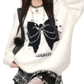 Edgy Bow Fuzzy Knit Sweater White Shoptery