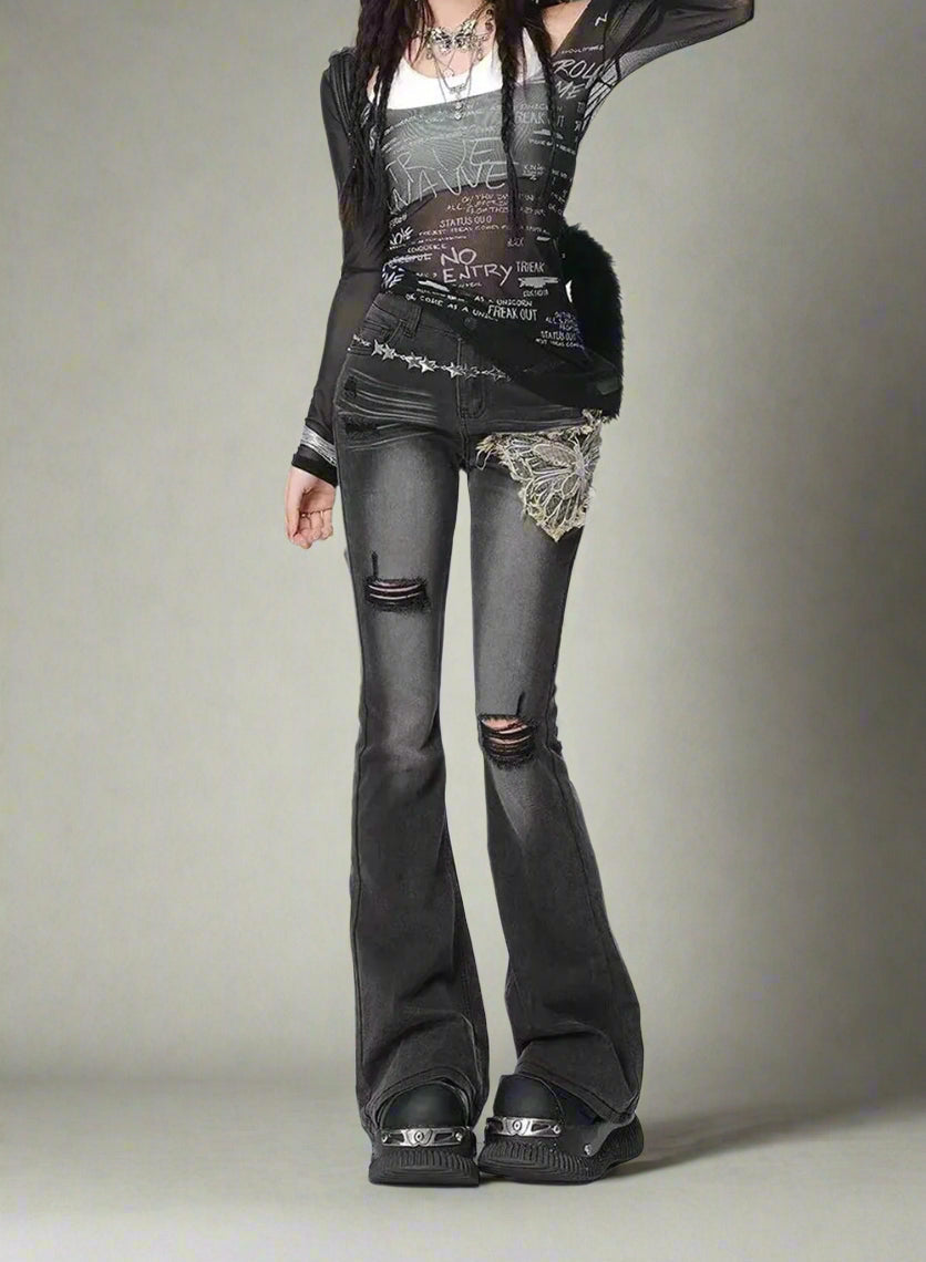 Y2k Butterfly Distressed Flare Jeans Black Shoptery