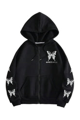 Edgy Fall Gothic Butterfly Zip-Up Hoodie Black Shoptery