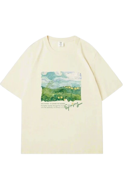 Aesthetic Green Print Oversized Street T-shirt Beige Shoptery