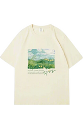Aesthetic Green Print Oversized Street T-shirt Beige Shoptery