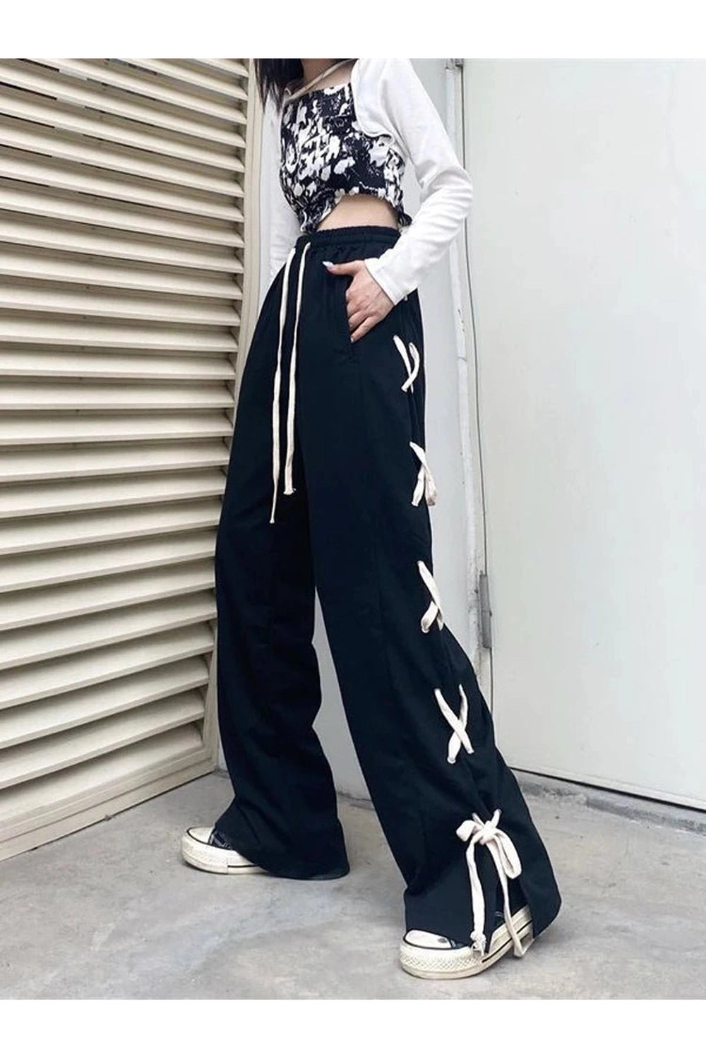 Edgy Bandage Wide Pants Black Shoptery