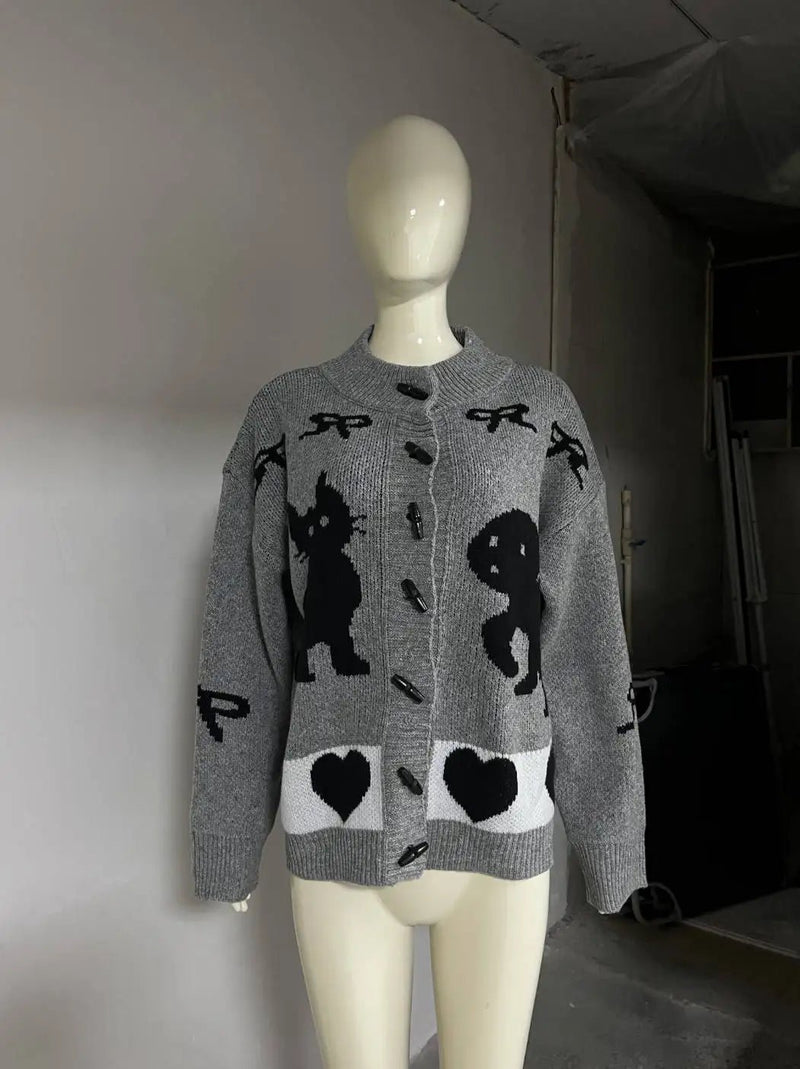 Heart & Skull Retro Knit Cardigan GRAY Shoptery