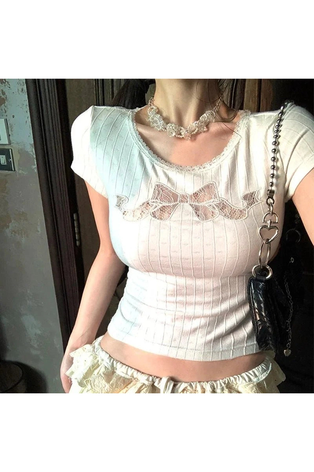 Hollow Out Cotton Top Beige White Shoptery