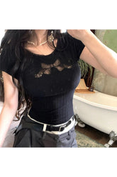 Hollow Out Cotton Top Black Shoptery