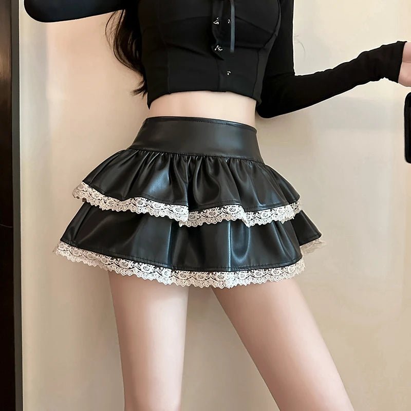 Coquette Lace-Trimmed Tiered Mini Skirt black Shoptery