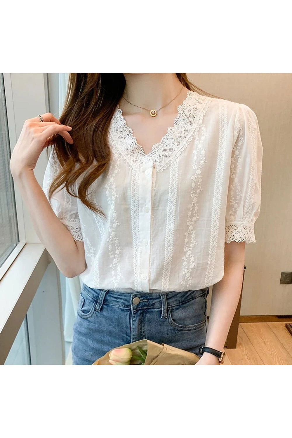 Coquette Lace V-Neck White Blouse Shoptery