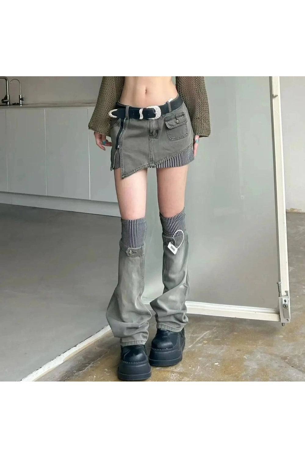 Acubi Y2k Layered Skirt-Pants Hybrid with Belt 1 Shoptery