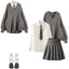 Jirai Kei Cable Knit Sweater White Shirt Pleated Skirt Set with Tie Set Shoptery