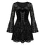 Visual Kei Black Velvet Lace-Up Flocked Bell Sleeve Mini Dress Shoptery