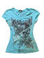 Visual Kei Winged Heart Rose Print V-Neck Tee in Turquoise blue Shoptery