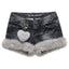 Gyaru Acid Wash Denim Micro Shorts with Faux Fur Trim & Heart Charm Blue Shoptery