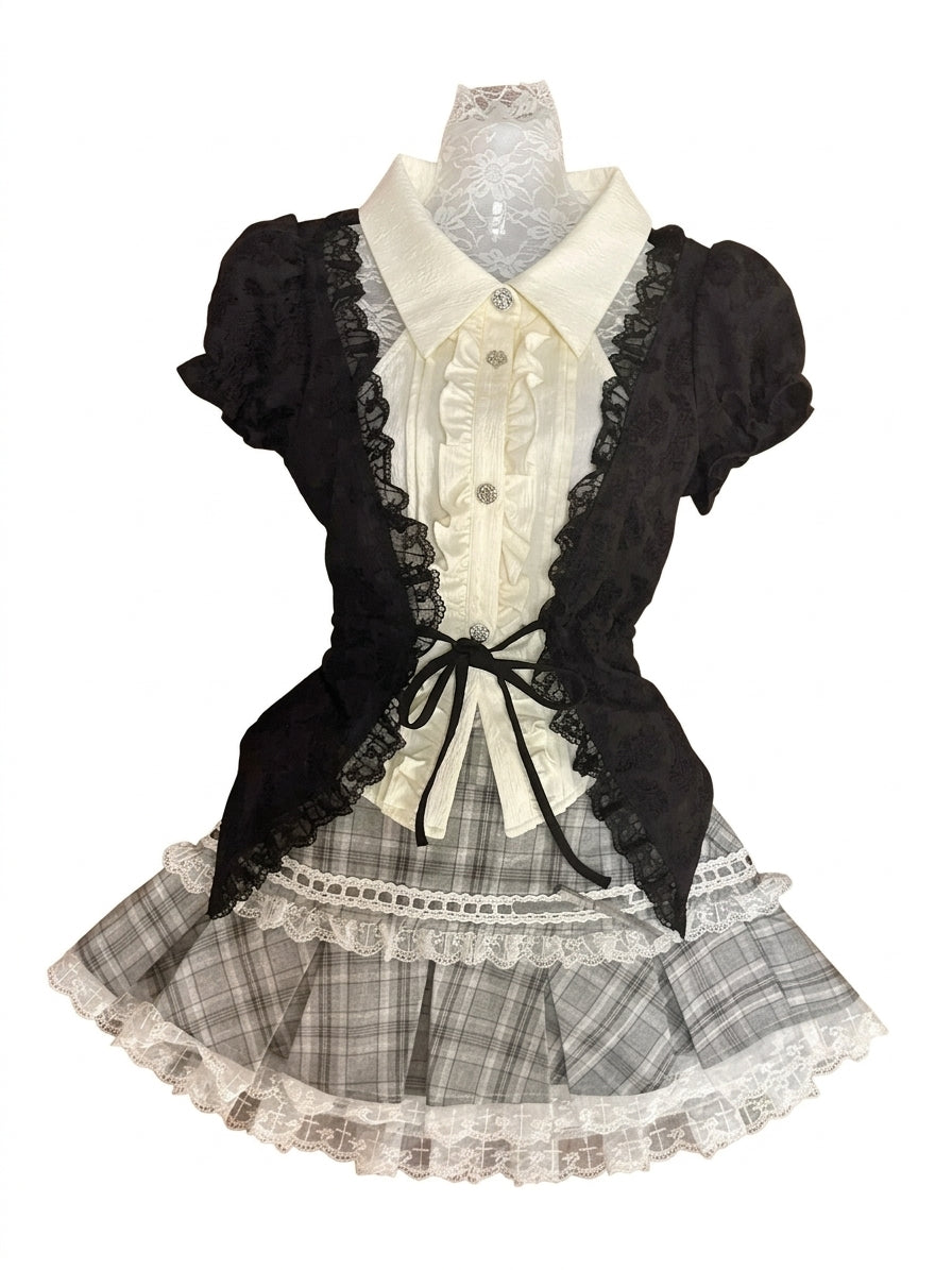 Jirai Kei Black Lace Bolero & Ivory Ruffle Blouse Plaid Skirt Set - Shoptery Jirai Kei Black Lace Bolero & Ivory Ruffle Blouse Plaid Skirt Set - Shoptery