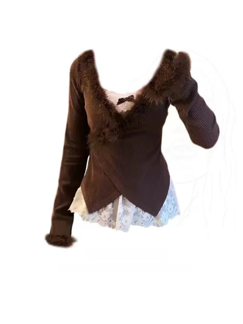 Midnight Elegance Alt Fur-Trim Outfit Set brown cardigan set Shoptery