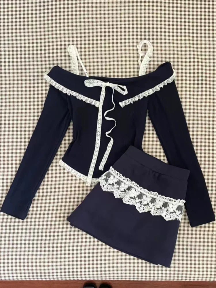 Midnight Coquette Lace Elegance Long Sleeve Set Shoptery