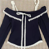 Midnight Coquette Lace Elegance Long Sleeve Set Tops Shoptery