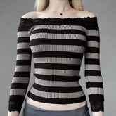Midnight Stripes Lace Trim Alt Long Sleeve Top black Shoptery