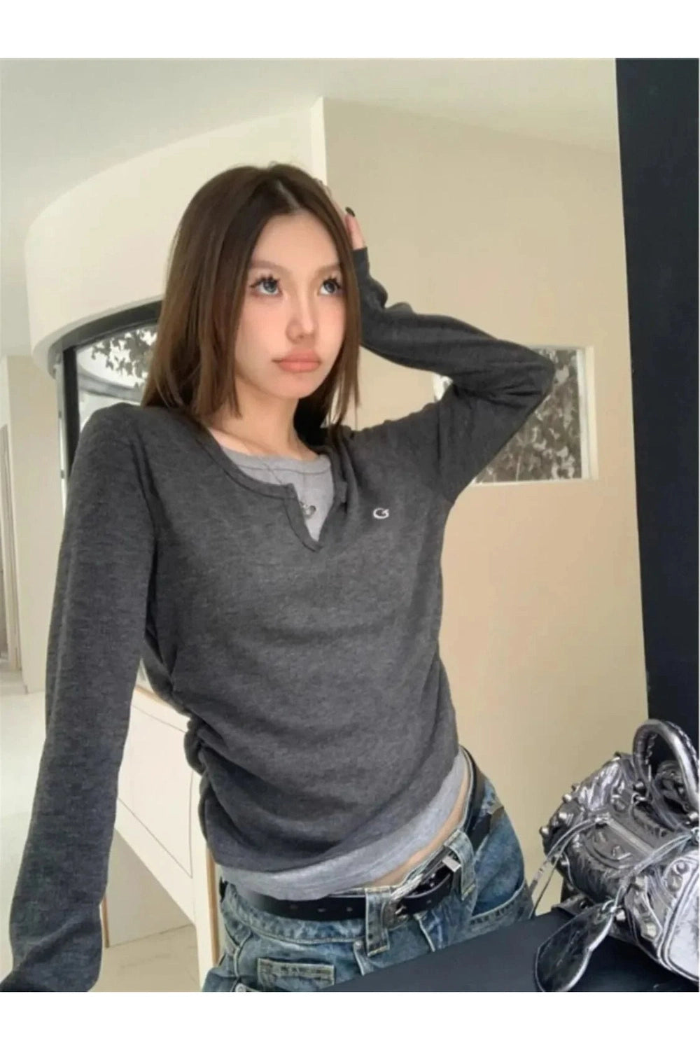 Acubi Minimalist Split Neck Layered Top Shoptery