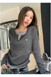 Acubi Minimalist Split Neck Layered Top gray Shoptery