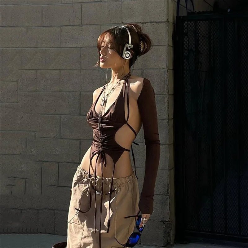 Alt Mocha Ruched Tie-Up Top Shoptery