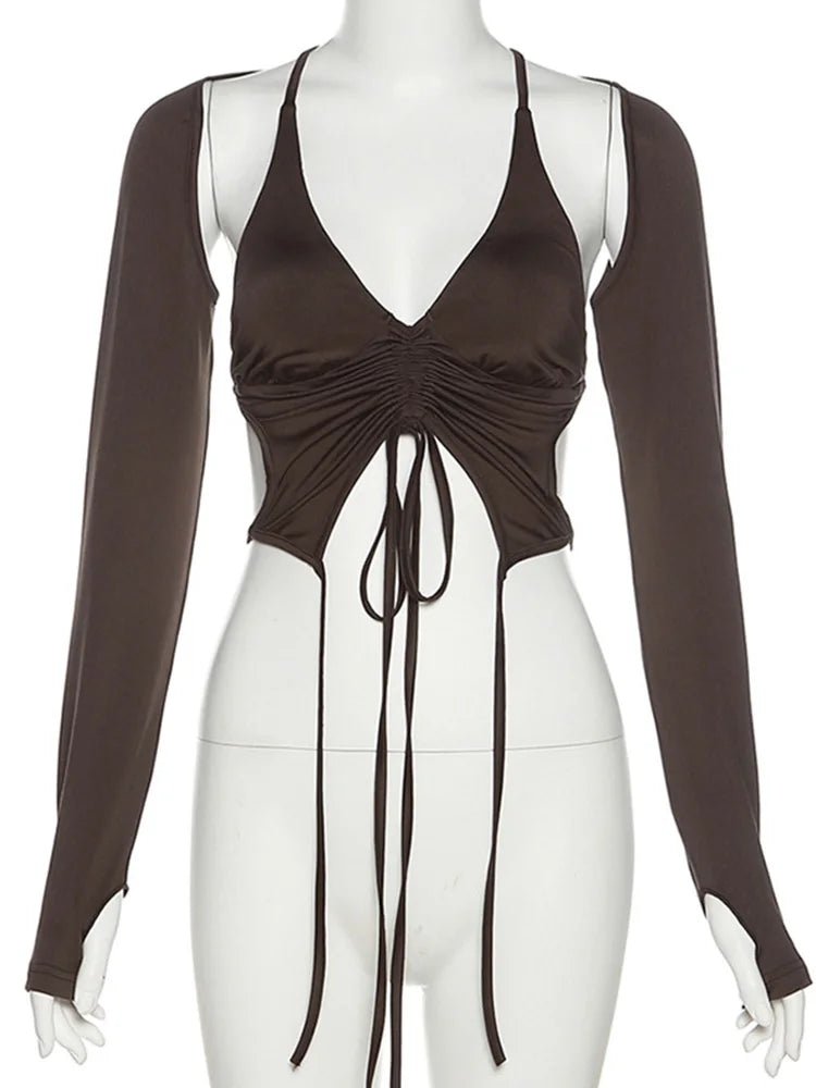 Alt Mocha Ruched Tie-Up Top Shoptery